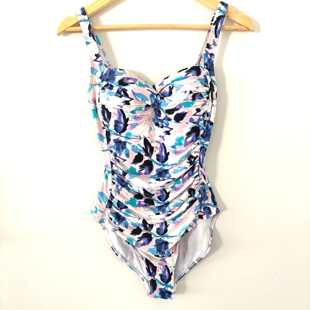 Nip Tuck Tummy Control Swim Floral Ruched One Piece Swimsuit Multi Fit Cup Sz 4